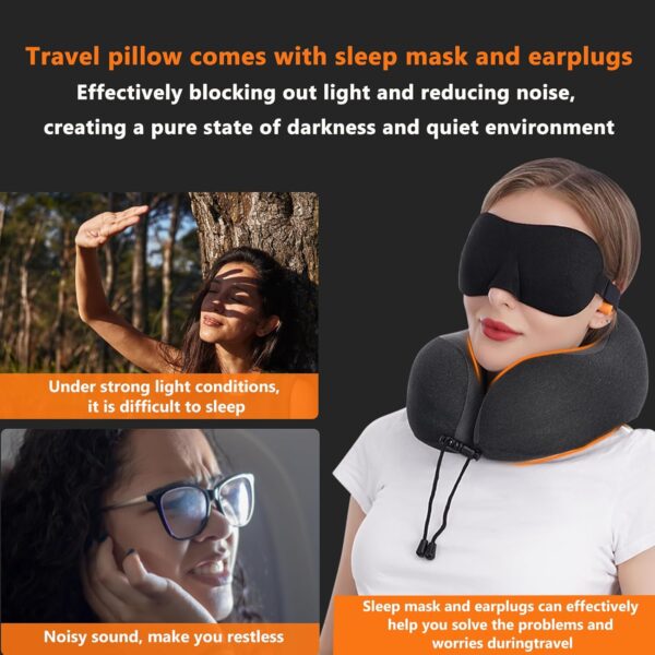 MLVOC Travel Pillow 100% Pure Memory Foam Neck Pillow, Comfortable & Breathable Cover, Machine Washable, Airplane Travel Kit with 3D Contoured Eye Masks, Earplugs, and Luxury Bag, Standard (Black) - Image 4