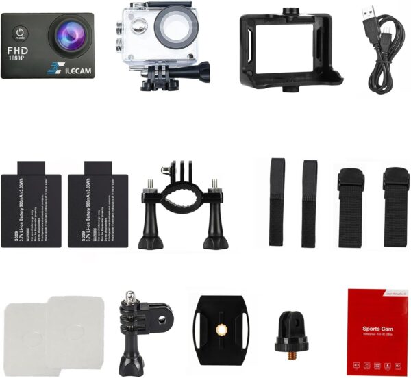 Action Camera 1080P 30fps Sports Camera 40m/131ft Underwater Waterproof with 2 Batteries and Multi-Function Accessory - Image 8