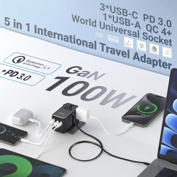 MINIX 100W Universal Travel Adapter with Retractable USB C Cable,GaN III International Power Adapter, Type-C*3 USB-A*1 Ports, AC Outlet, Worldwide Travel Charger for Laptops Tablets Phones Cameras - Image 3