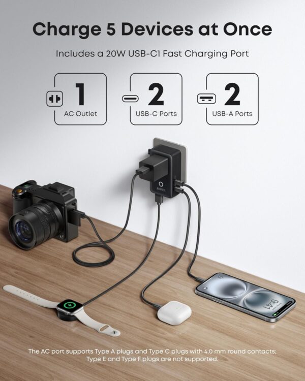 Anker Nano Travel Adapter, 5-Port Power Adapter with 1 AC, 2 USB-A, and 2 USB-C Ports, Smart Temperature Control, Compatible with Over 200 Countries, Ideal for Travel (1-Pack) - Image 4