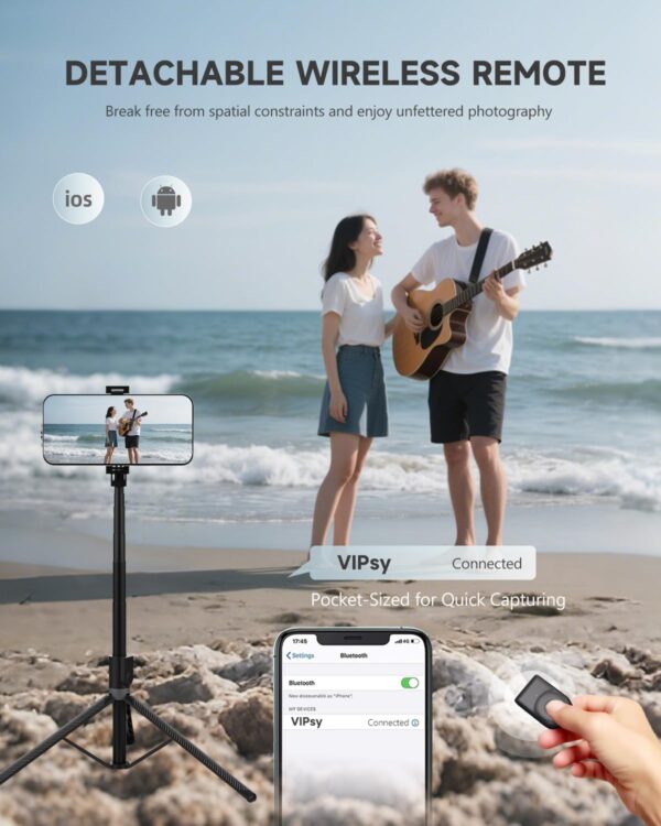 71” Phone Tripod & Selfie Stick, Portable All in One Extendable Cell Phone Tripod Stand, with Wireless Remote Control for iPhone/Samsung/Android/Camera - Image 5