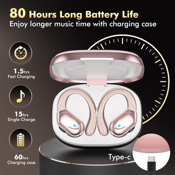 Wireless Earbuds, Sports Bluetooth Headphones, 80Hrs Playtime Ear Buds with LED Power Display, Noise Canceling Headset, IPX7 Waterproof Earphones for Workout/Running (Rose Gold) - Image 3