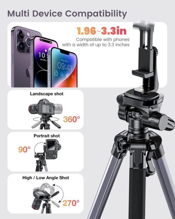 74"-Camera-Tripod, Professional Aluminum Tripod/Leg Stand Mirrorless Camera/DSLR/Cell Phone/Camcorder/GoPro, with Phone Holder and Travel Bag (Gunmetal Gray) Weight 2.8 lbs Load 8.8 lbs - Image 6