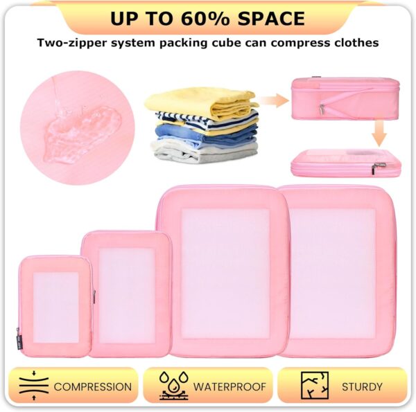 4 Set Ultralight Compression Packing Cubes Travel for Suitcases ，Compressible Mesh Packing Cubes for Travel Women Packing Organizers (Pink) - Image 6
