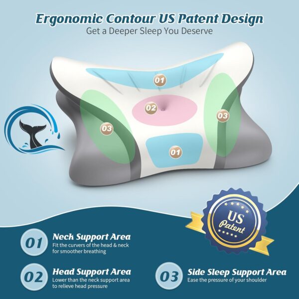 Cooling Cervical Pillow for Neck Pain Relief, Ergonomic Side Sleeper Pillow for Sleeping, Contour Memory Foam Pillows for Neck Support, Orthopedic Bed Pillow for Back Stomach Sleepers Grey White - Image 5