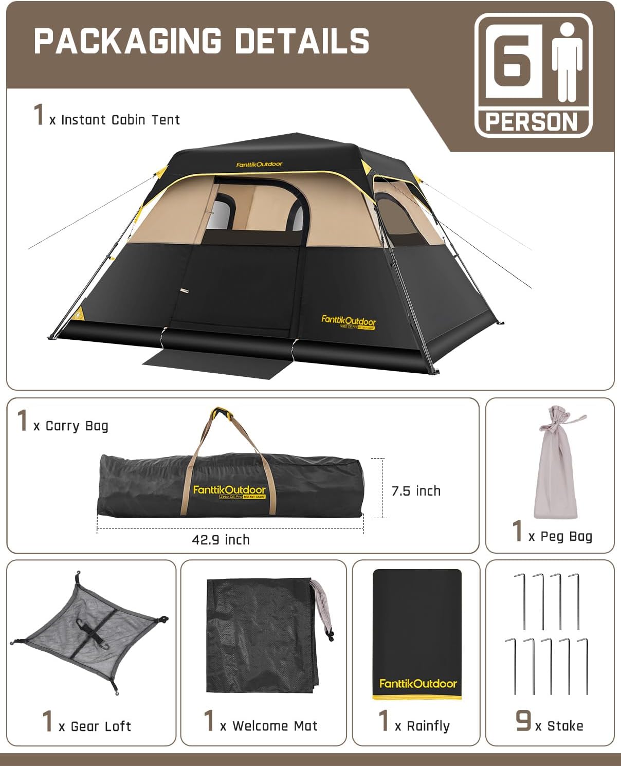 FanttikOutdoor Camping Tent 4/6/8/10 Person Instant Cabin Tent Setup in 60 Seconds with Rainfly & Windproof Portable with Carry Bag for Family Camping & Hiking - Image 8