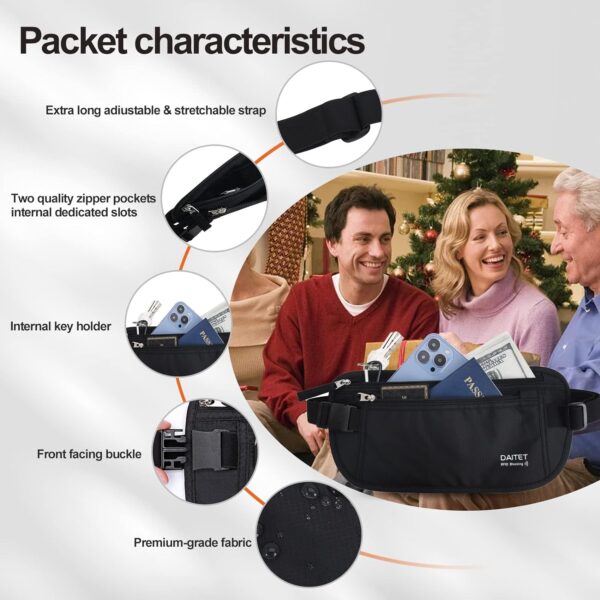 DAITET Money Belt - Passport Holder Secure Hidden Travel Wallet with RFID Blocking, Undercover Fanny Pack (Black) - Image 9