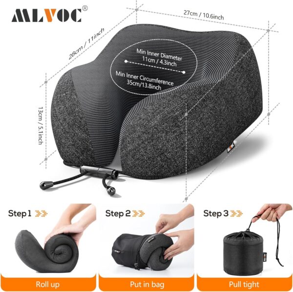 MLVOC Travel Pillow 100% Pure Memory Foam Neck Pillow, Comfortable & Breathable Cover, Machine Washable, Airplane Travel Kit with 3D Contoured Eye Masks, Earplugs, and Luxury Bag, Standard (Black) - Image 8