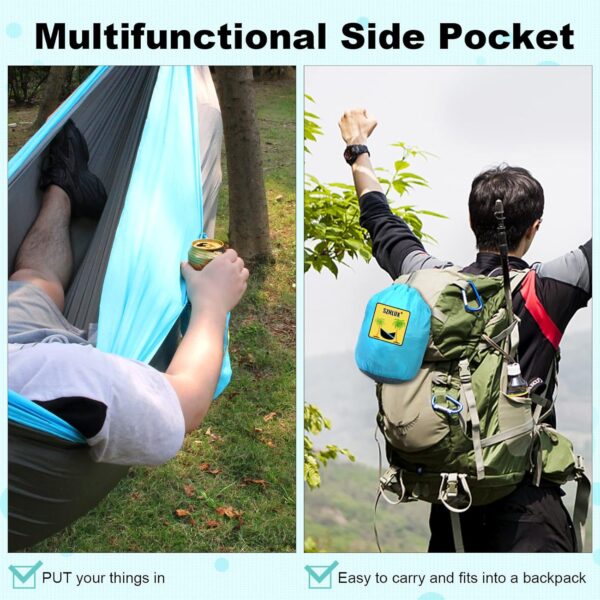 SZHLUX Camping Hammock Double & Single Portable Hammocks with 2 Tree Straps and Attached Carry Bag,Great for Outdoor,Indoor,Beach,Camping,Light Grey / Sky Blue - Image 7