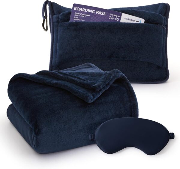 Bedsure Travel Blanket Airplane Compact with Storage Bag, Packable Blanket with Eye Mask, Lightweight 2-in-1 Travel Essentials, Functioned as Pillow for Airplane Comfort and Warmth, Navy - Image 2