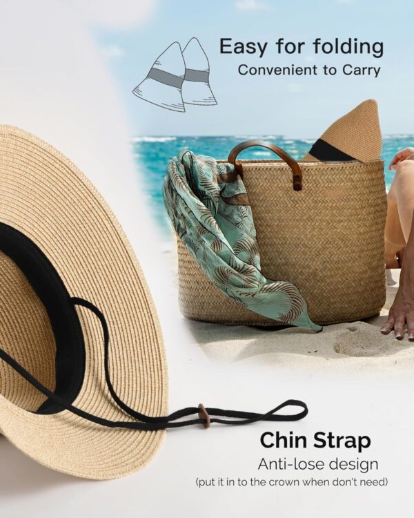 FURTALK Womens Beach Sun Straw Hat UV UPF 80+ Travel Foldable Brim Summer UV Hat - Image 4