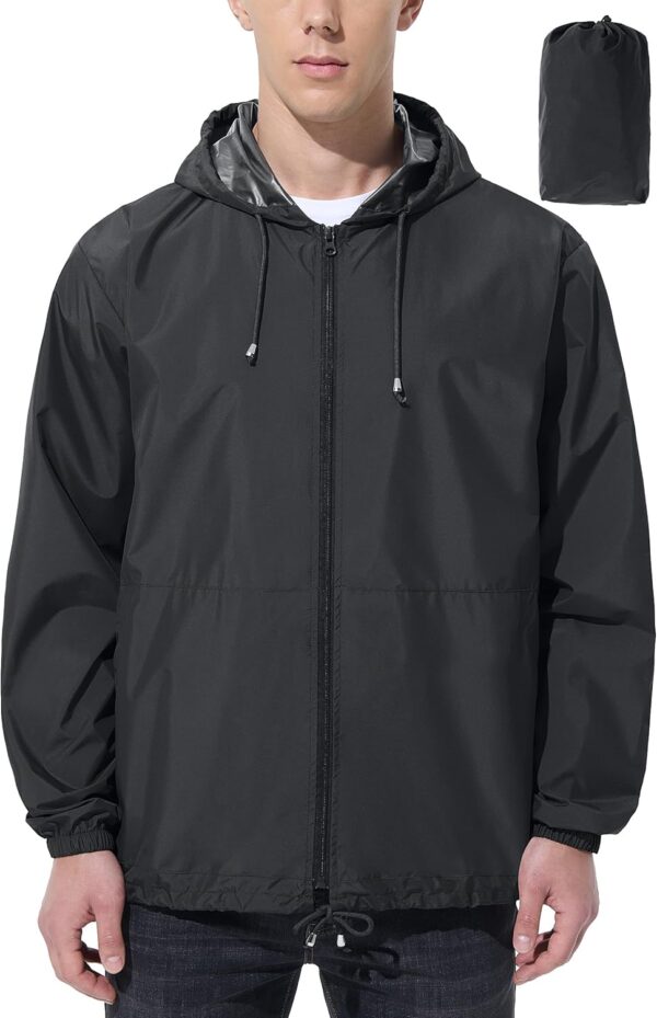 Mens Rain Jacket Raincoat Windbreaker Running Waterproof Lightweight Packable with Hood Travel Hiking Cycling - Image 2