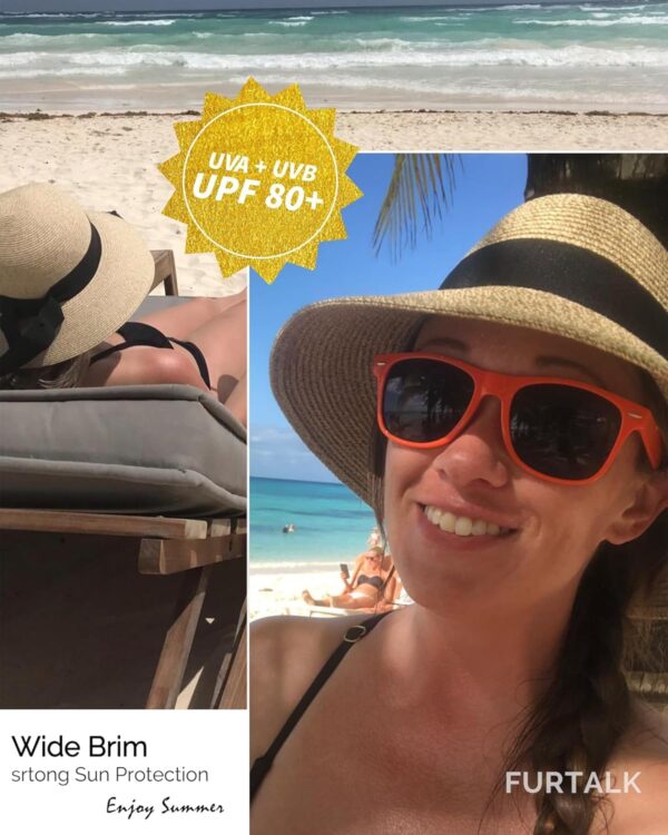 FURTALK Womens Beach Sun Straw Hat UV UPF 80+ Travel Foldable Brim Summer UV Hat - Image 9