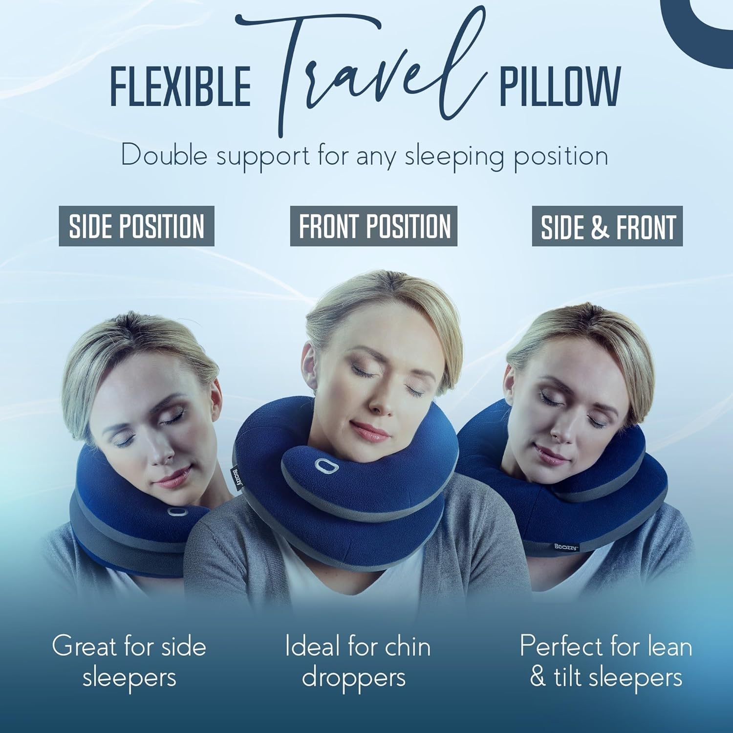 BCOZZY Travel Neck Pillow for Airplane – Patented Double Support for Head, Neck, and Chin. Best for Long Flights, Plane Sleeping, and Car Rides. Adjustable Size. Fully Washable. Carry Bag. Large, Navy - Image 3