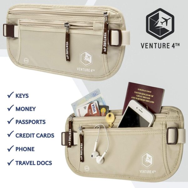 VENTURE 4TH Travel Money Belt - Slim Passport Holder RFID Blocking Travel Pouch to Protect Cash, Credit Cards and Travel Documents (Beige) - Image 8