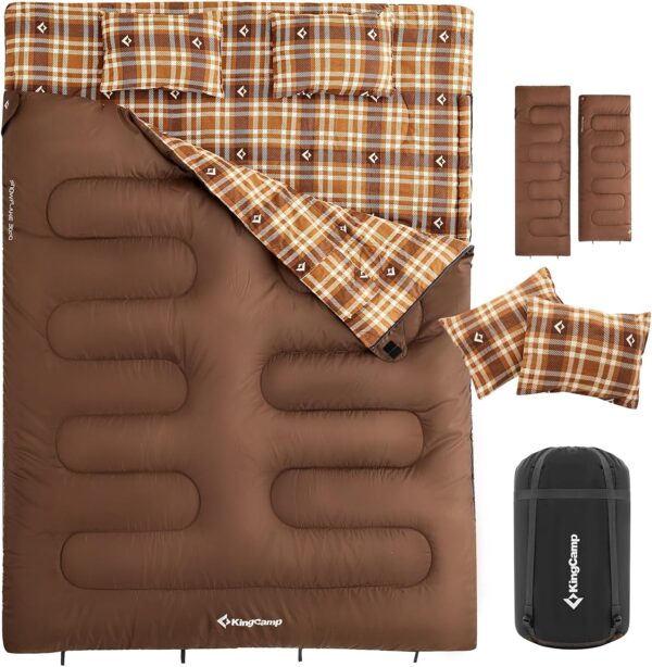 KingCamp Double Sleeping Bag for Adults, Queen Size 2 Person XXL Flannel Sleeping Bag, Waterproof Lightweight Flannel Quilt with 2 Pillows, Perfect for Couples Family Camping Hiking - Image 2