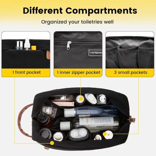 Vorspack Travel Toiletry Bag - Hanging Toiletry Bag for Men Water Resistant Canvas Shaving Bag with Large Capacity for Travel - Black - Image 4