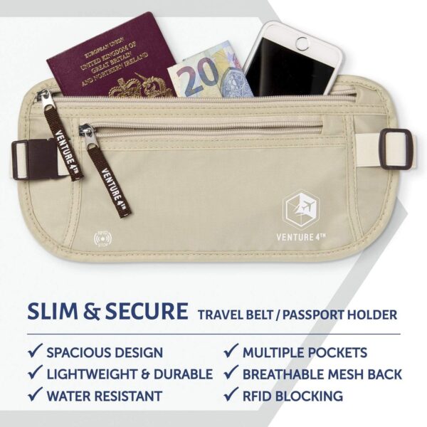 VENTURE 4TH Travel Money Belt - Slim Passport Holder RFID Blocking Travel Pouch to Protect Cash, Credit Cards and Travel Documents (Beige) - Image 4