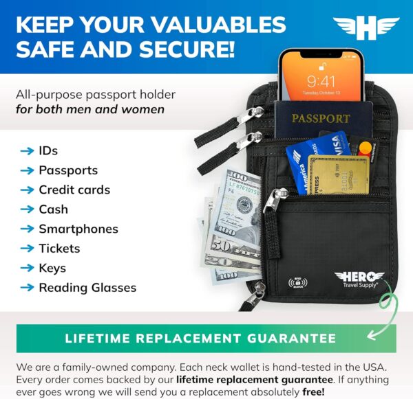 HERO Neck Wallet, RFID Blocking Passport Holder - Easy to Conceal and Pouch - Image 3