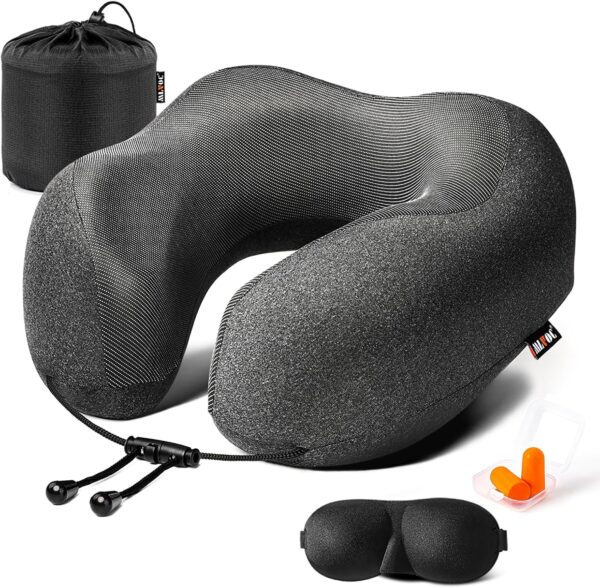 MLVOC Travel Pillow 100% Pure Memory Foam Neck Pillow, Comfortable & Breathable Cover, Machine Washable, Airplane Travel Kit with 3D Contoured Eye Masks, Earplugs, and Luxury Bag, Standard (Black) - Image 2