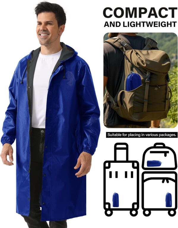 iCreek Men's Long Rain Coat Hooded Packable Waterproof Lightweight Outdoor Rain Jacket Trench Coats Windbreaker - Image 5