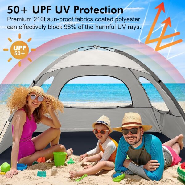 WhiteFang Beach Tent Anti-UV Portable Sun Shade Shelter for 3/4/6/8 Person, Extendable Floor with 3 Ventilating Mesh Windows Plus Carrying Bag, Stakes and Guy Lines - Image 4
