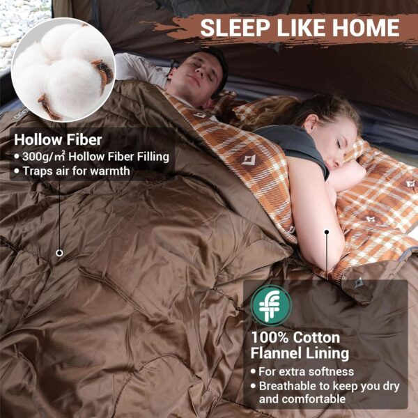 KingCamp Double Sleeping Bag for Adults, Queen Size 2 Person XXL Flannel Sleeping Bag, Waterproof Lightweight Flannel Quilt with 2 Pillows, Perfect for Couples Family Camping Hiking - Image 7