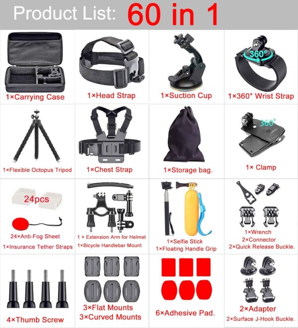 60 in 1 Camera Accessories Kit Compatible with GoPro Hero 13 12 11 10 9 8 7 6 5/Session 5/Hero 4/3+/3/2/1, Insta360, DJI Osmo Action, AKASO, APEMAN, Campark, SJCAM - Image 3