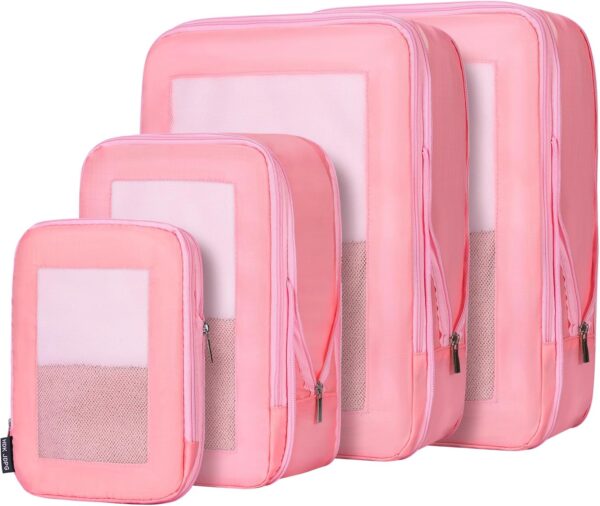 4 Set Ultralight Compression Packing Cubes Travel for Suitcases ，Compressible Mesh Packing Cubes for Travel Women Packing Organizers (Pink) - Image 2