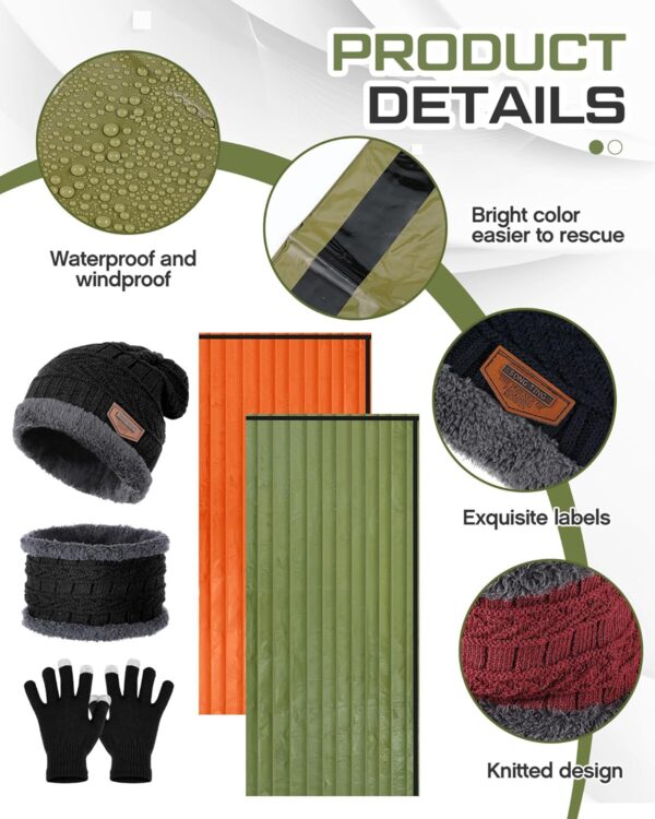 Tranqun Emergency Sleeping Bags Bulk with Winter Hat Gloves Scarf, Survival Sleeping Bag Bivy Sack Waterproof Lightweight Thermal Blanket Gear for Camping Hiking Outdoors Homeless - Image 4