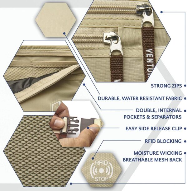 VENTURE 4TH Travel Money Belt - Slim Passport Holder RFID Blocking Travel Pouch to Protect Cash, Credit Cards and Travel Documents (Beige) - Image 6