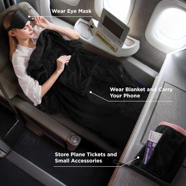 Bedsure Travel Blanket Airplane Compact with Storage Bag, Packable Blanket with Eye Mask, Lightweight 2-in-1 Travel Essentials, Functioned as Pillow for Airplane Comfort and Warmth, Black - Image 3