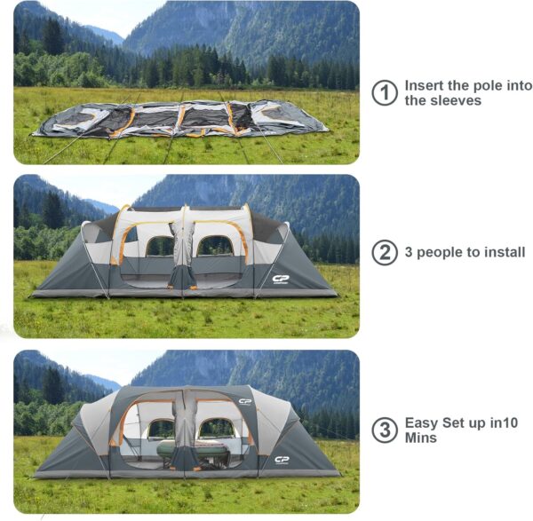 CAMPROS CP Tent 12-Person-Camping-Tents,3 Room Family Tents,Waterproof Windproof Family Tent with Top Rainfly,6 Large Mesh Windows,Double Layer,Easy Set Up, Portable with Carry Bag-20' x 9' x 72"(H) - Image 4
