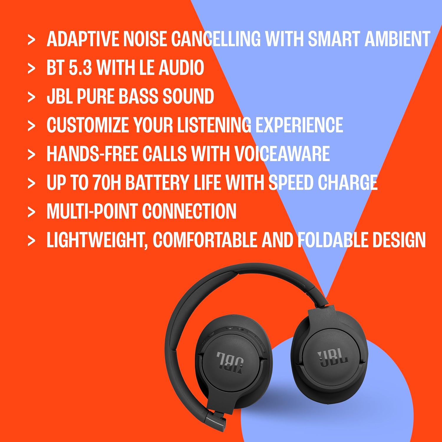 JBL Tune 770NC - Adaptive Noise Cancelling with Smart Ambient Wireless Over-Ear Headphones, Bluetooth 5.3, Up to 70H Battery Life with Speed Charge, Lightweight, Comfortable & Foldable Design (Black) - Image 8
