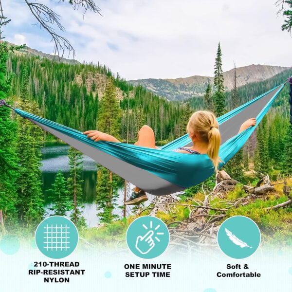 SZHLUX Camping Hammock Double & Single Portable Hammocks with 2 Tree Straps and Attached Carry Bag,Great for Outdoor,Indoor,Beach,Camping,Light Grey / Sky Blue - Image 5