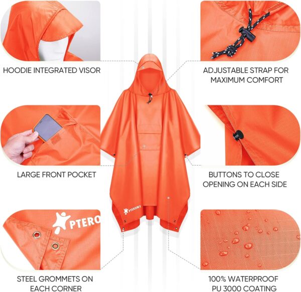 PTEROMY Hooded Rain Poncho for Adult with Pocket, Waterproof Lightweight Unisex Raincoat for Hiking Camping Emergency - Image 7