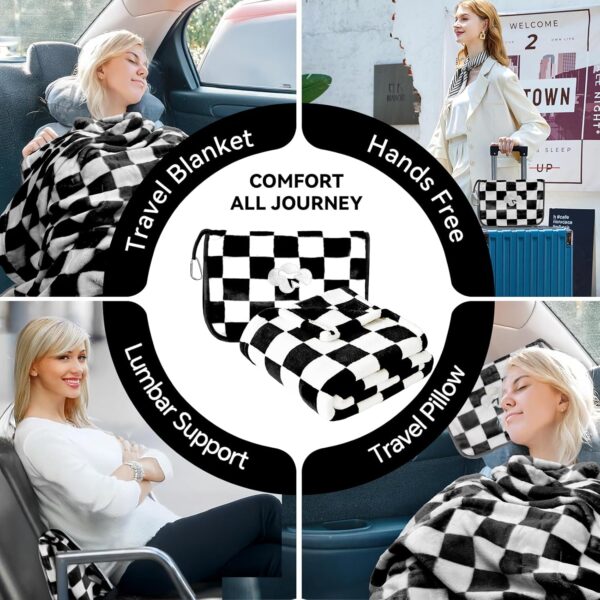 Travel Blanket and Pillow Compact, Premium Soft 2 in 1 Airplane Blanket with Soft Bag Pillowcase，Hand Luggage Sleeve and Backpack Clip (Checkered Black) - Image 8