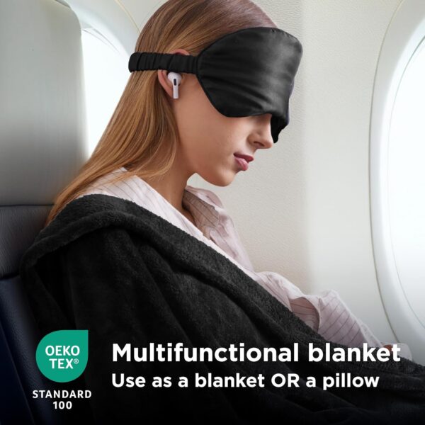 Bedsure Travel Blanket Airplane Compact with Storage Bag, Packable Blanket with Eye Mask, Lightweight 2-in-1 Travel Essentials, Functioned as Pillow for Airplane Comfort and Warmth, Black - Image 5