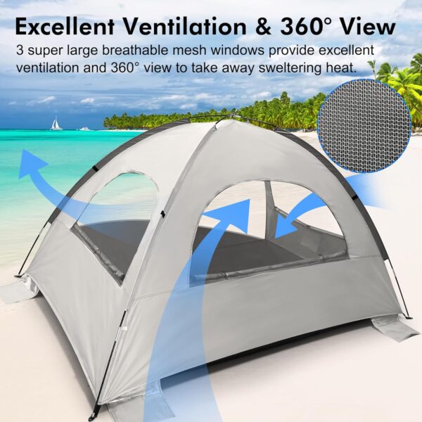WhiteFang Beach Tent Anti-UV Portable Sun Shade Shelter for 3/4/6/8 Person, Extendable Floor with 3 Ventilating Mesh Windows Plus Carrying Bag, Stakes and Guy Lines - Image 5