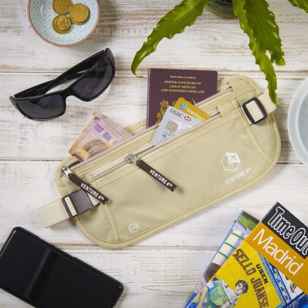 VENTURE 4TH Travel Money Belt - Slim Passport Holder RFID Blocking Travel Pouch to Protect Cash, Credit Cards and Travel Documents (Beige) - Image 7