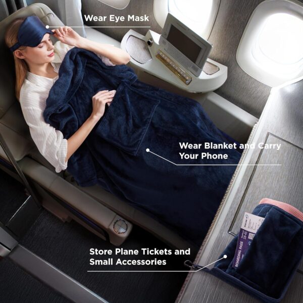 Bedsure Travel Blanket Airplane Compact with Storage Bag, Packable Blanket with Eye Mask, Lightweight 2-in-1 Travel Essentials, Functioned as Pillow for Airplane Comfort and Warmth, Navy - Image 3
