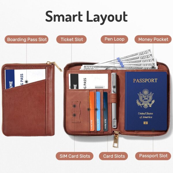 Forvencer Passport Holder Cover with Safe Zipper Closure, Premium Passport Wallet for Travel, Sleek RFID Blocking Card Case, Waterproof Travel Accessories for Men, Brown - Image 3