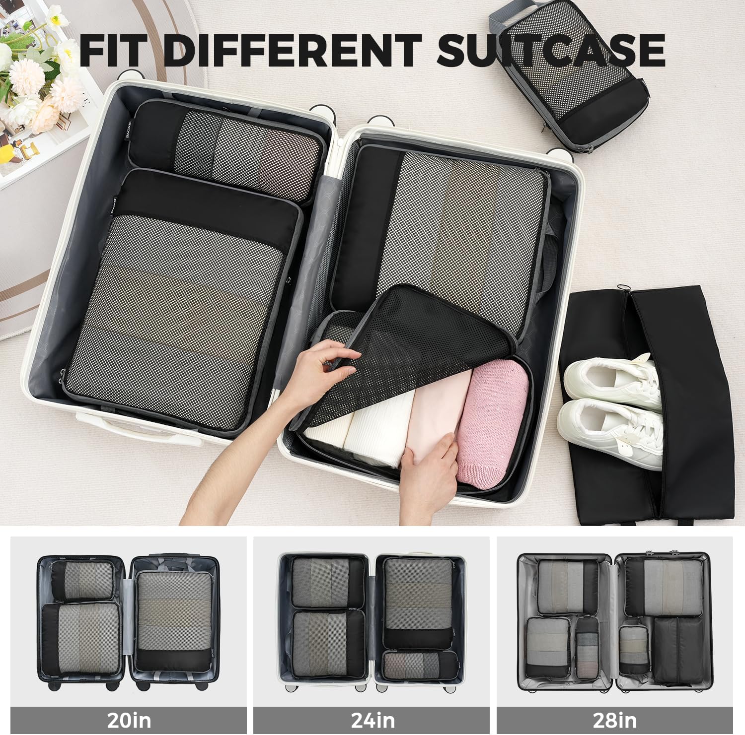 BAGAIL 4 Set/6 Set/8 Set Compression Packing Cubes Travel Accessories Expandable Packing Organizers (Half Mesh, 6-Black) - Image 8