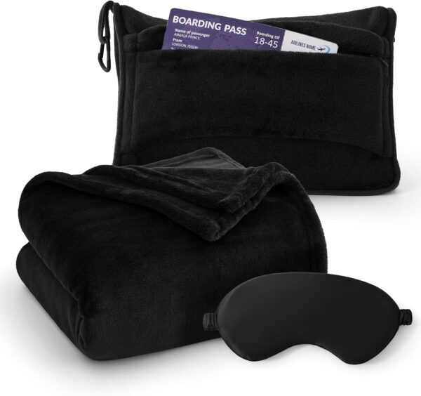 Bedsure Travel Blanket Airplane Compact with Storage Bag, Packable Blanket with Eye Mask, Lightweight 2-in-1 Travel Essentials, Functioned as Pillow for Airplane Comfort and Warmth, Black - Image 2