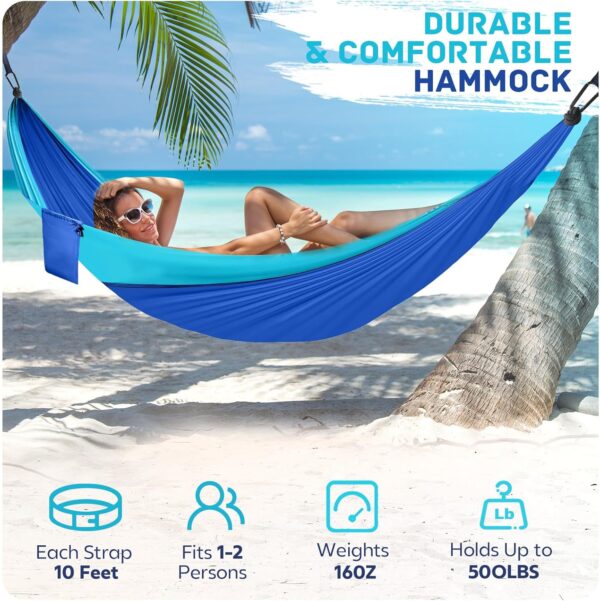 Camping Hammock Lightweight, Portable Hammocks Parachute Hammock with Two Tree Straps, Single or Double Travel Swing Nylon Camp Hammocks, Outdoor Essentials for Beach Backpacking Hiking, Blue - Image 7