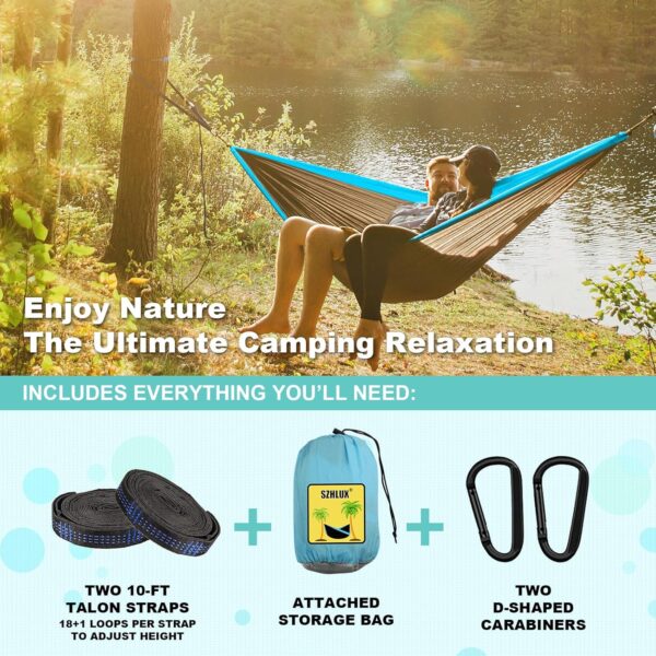 SZHLUX Camping Hammock Double & Single Portable Hammocks with 2 Tree Straps and Attached Carry Bag,Great for Outdoor,Indoor,Beach,Camping,Light Grey / Sky Blue - Image 4
