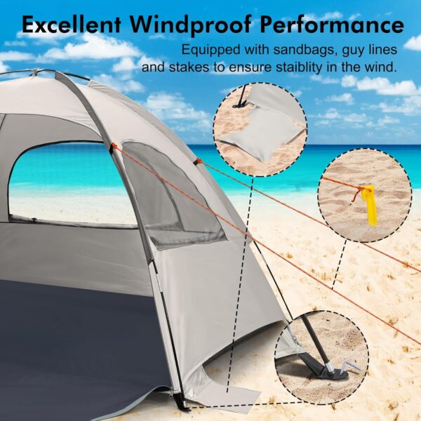 WhiteFang Beach Tent Anti-UV Portable Sun Shade Shelter for 3/4/6/8 Person, Extendable Floor with 3 Ventilating Mesh Windows Plus Carrying Bag, Stakes and Guy Lines - Image 7