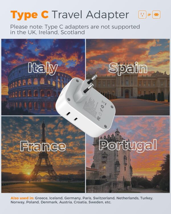 2 Pack European Plug Adapter USB C, TESSAN US to Europe Adapter 4 Outlets 3 USB Charger, Type C International Power Adaptor to Italy Spain France Portugal Iceland Germany, Europe Travel Essentials - Image 3
