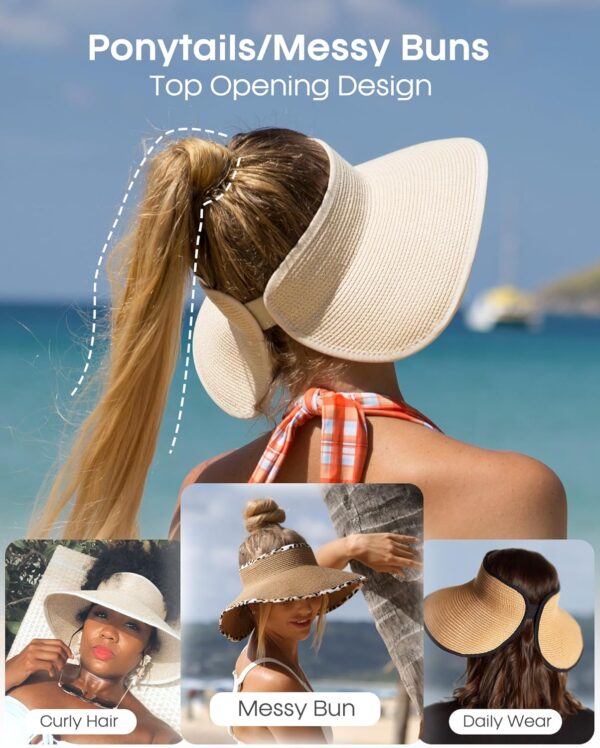 FURTALK Sun Hats for Women Wide Brim Beach Hat Straw Visor Ponytail Summer UV Packable Foldable Beach Vacation Essentials - Image 4