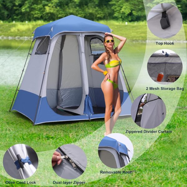 2-Room Camping Shower Tent, Instant Pop-up Privacy Shelter, Extra Large Changing Room & Toilet Tents with Ventilation, Portable Outdoor Shower with Rainfly & Floor for Dressing, Hiking, Beach, Fishing - Image 7